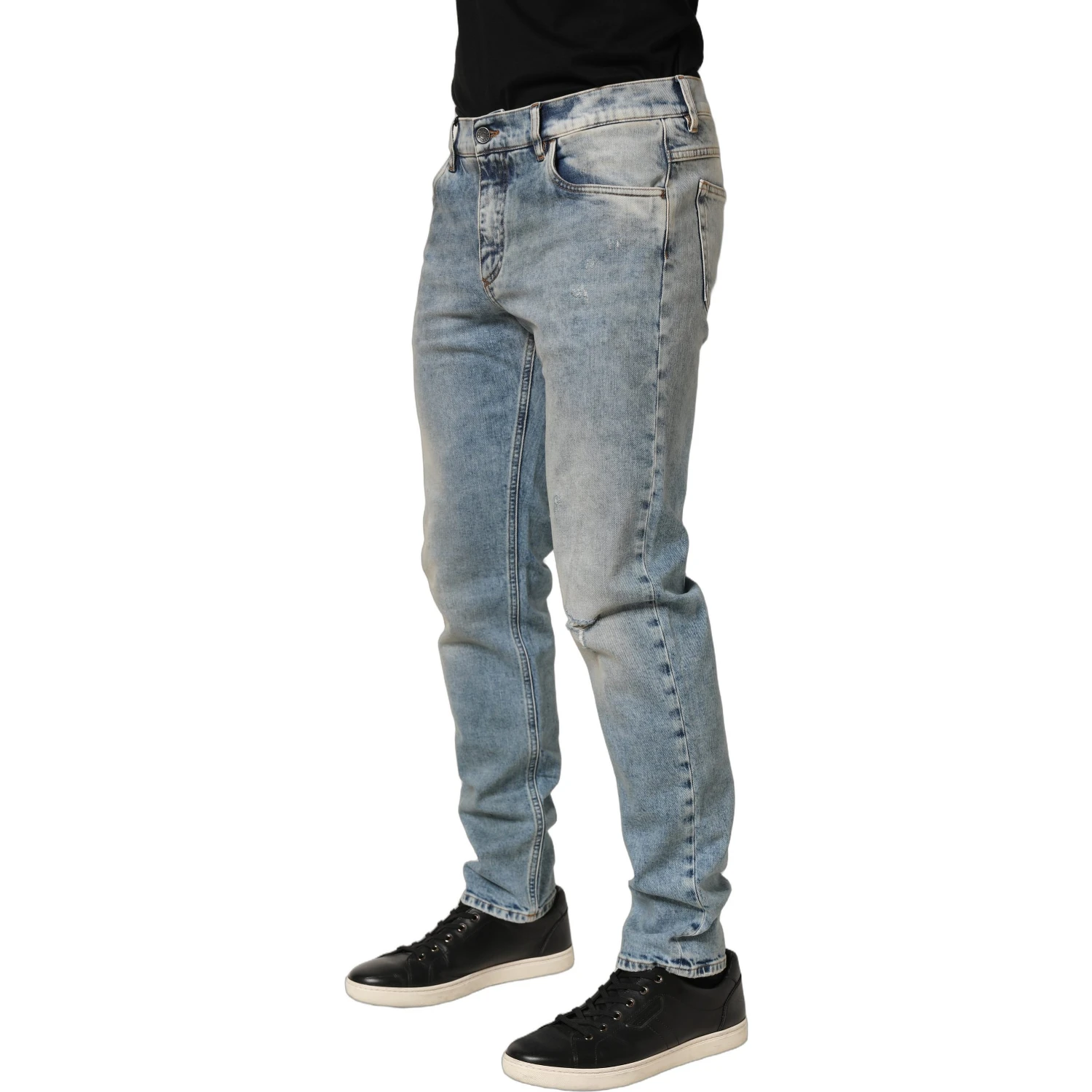 Blue Washed Mid Waist Straight Men Denim Jeans