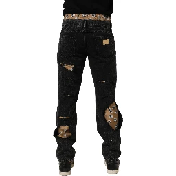 Black Distressed Cotton Straight Denim Jeans