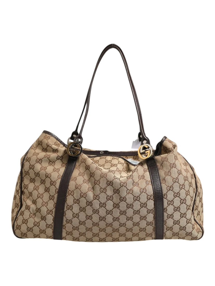 Beige and Black Canvas Twins Medium Tote Bag