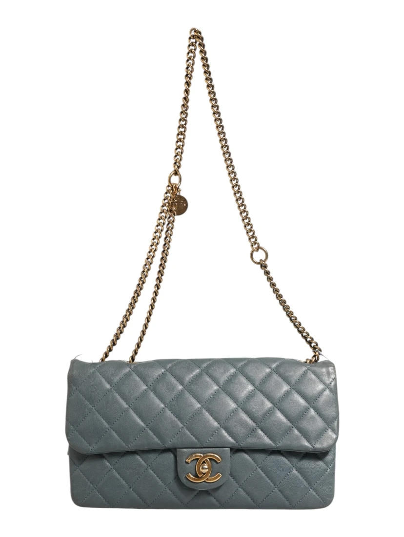 Blue Quilted Leather Crown Flap Shoulder Bag