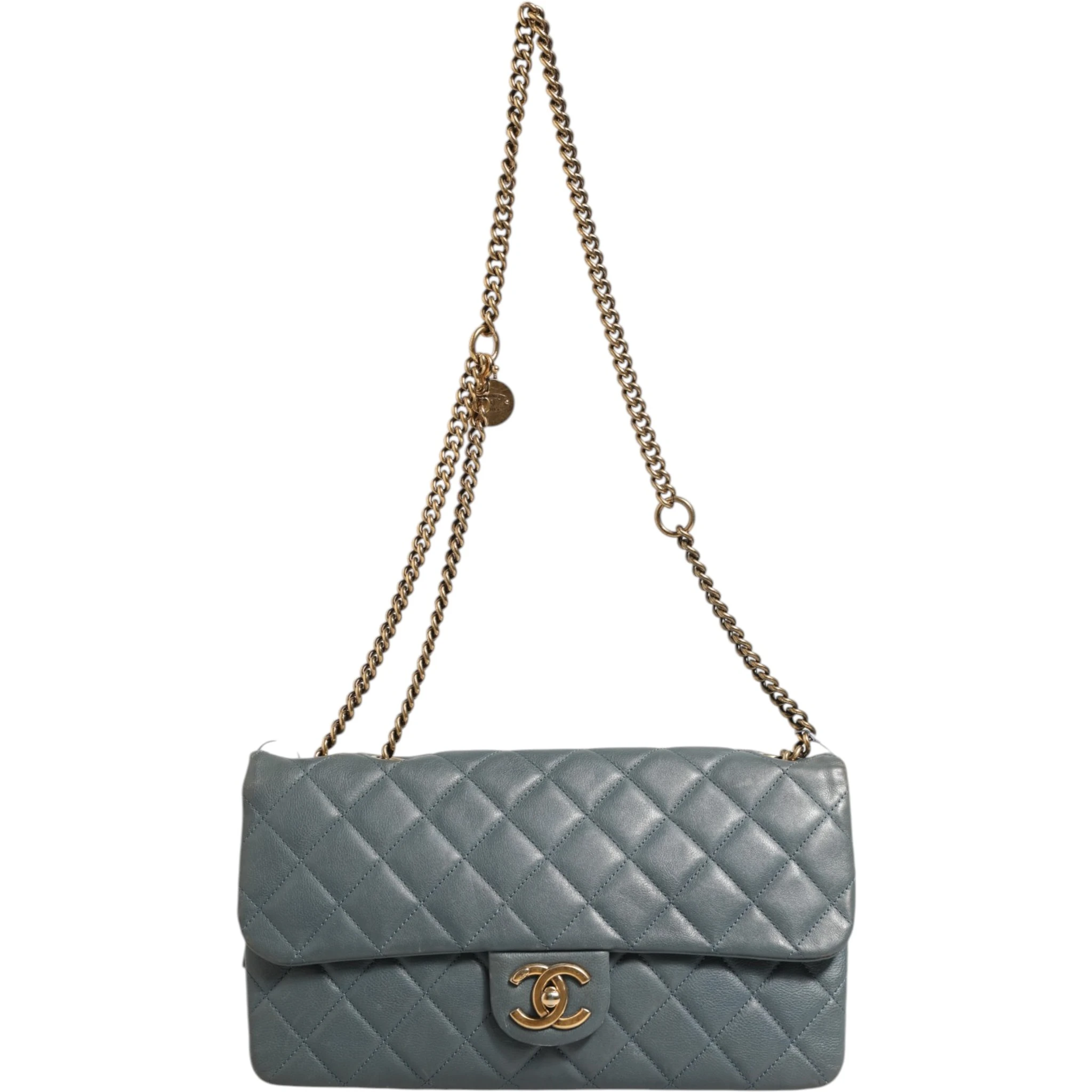 Blue Quilted Leather Crown Flap Shoulder Bag