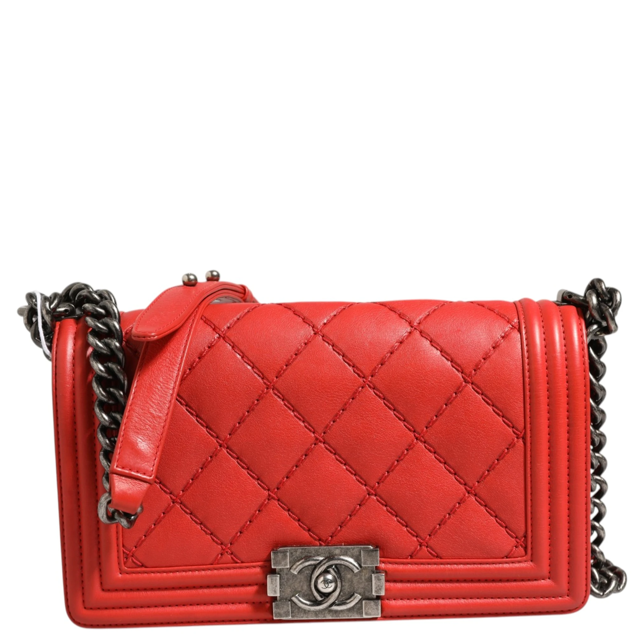 Red Diamond Stitch Calfskin Leather New Medium Boy Bag