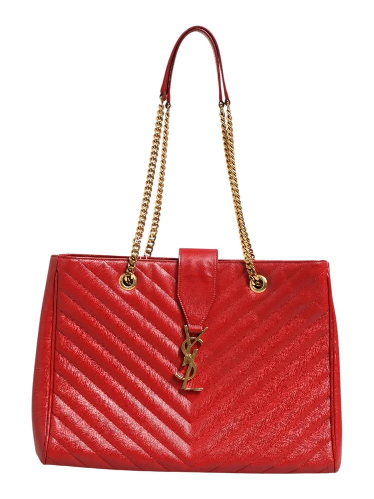 Red Chevron Quilted Grained Leather Monogram Tote Bag