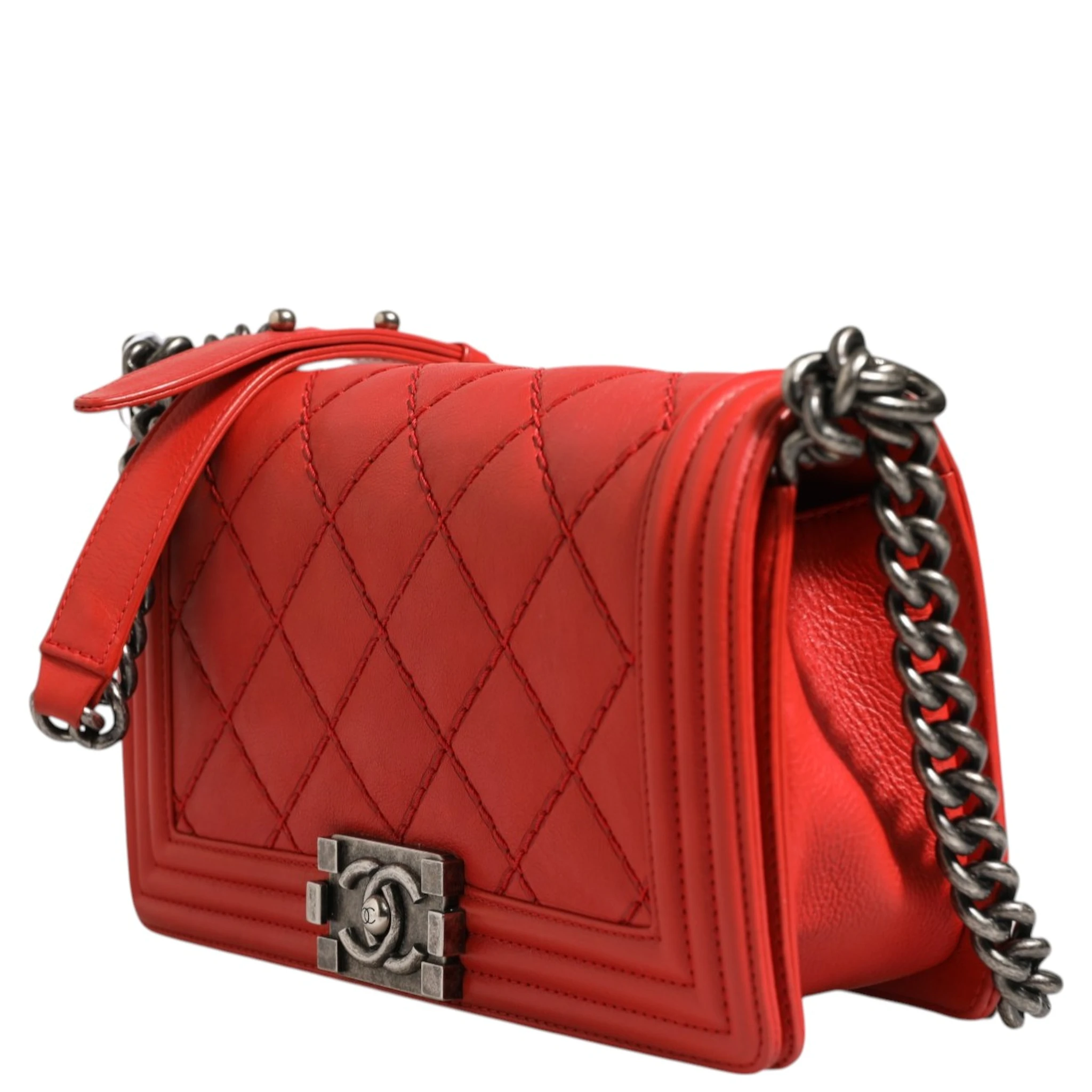 Red Diamond Stitch Calfskin Leather New Medium Boy Bag
