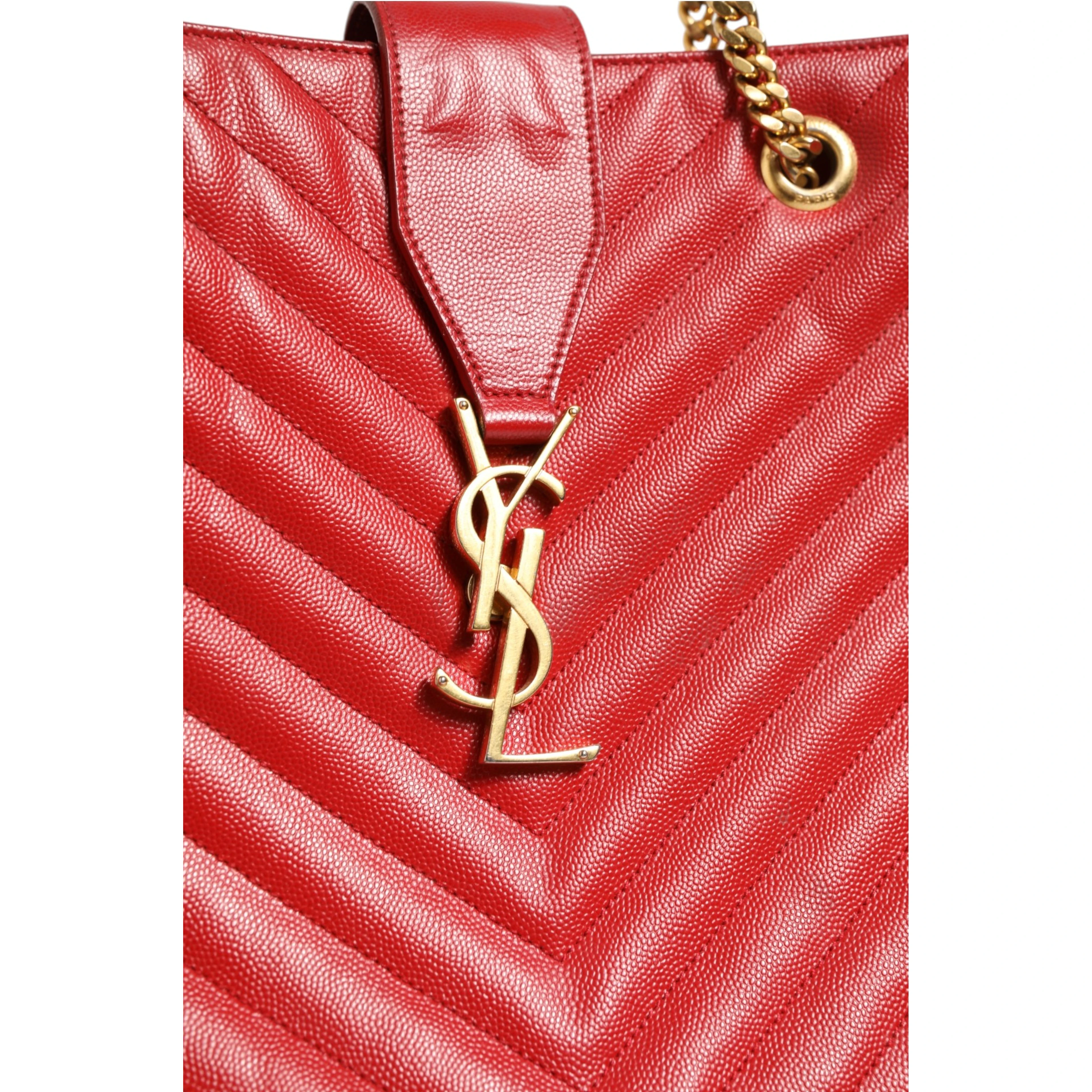 Red Chevron Quilted Grained Leather Monogram Tote Bag