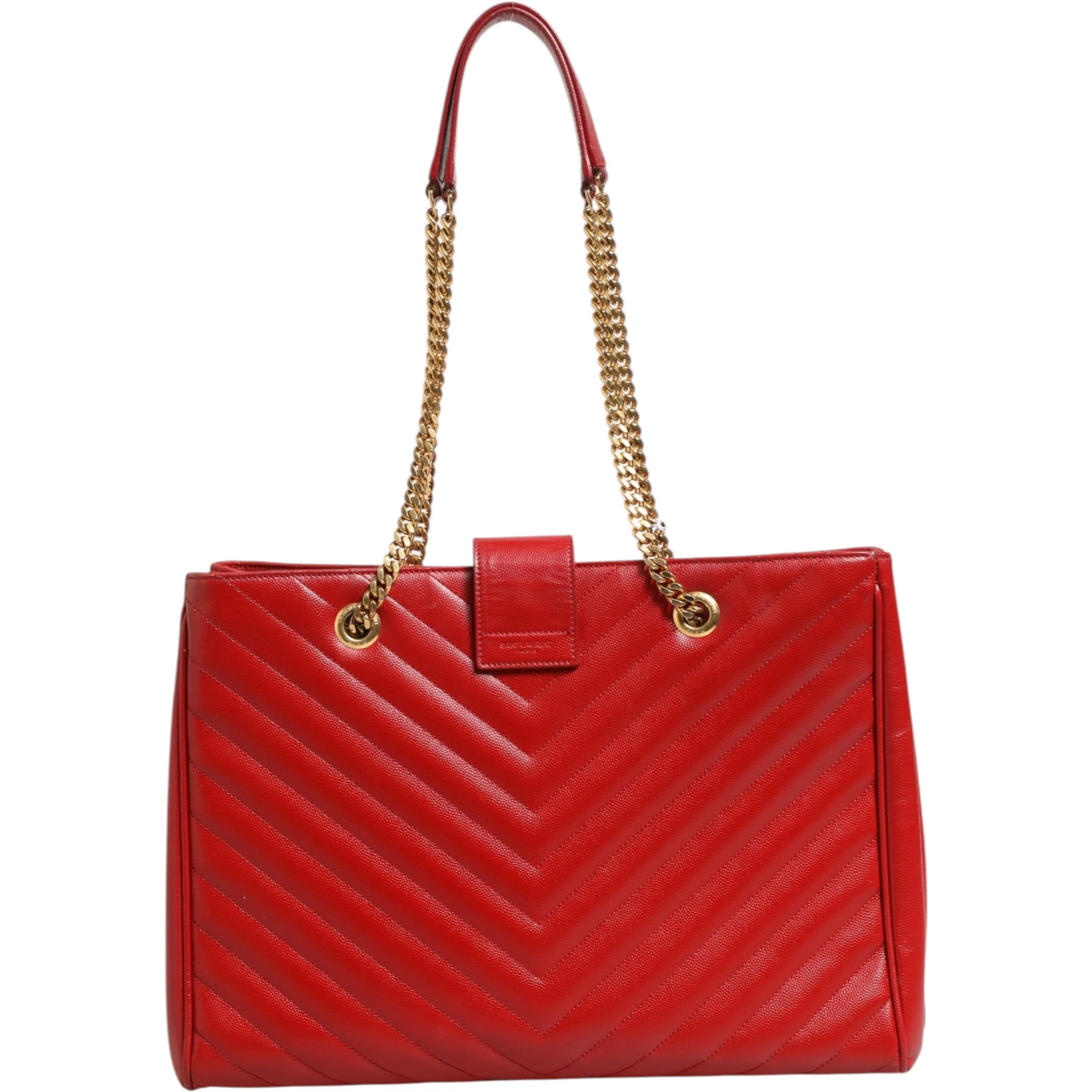 Red Chevron Quilted Grained Leather Monogram Tote Bag