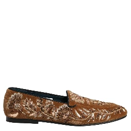 Brown Velvet Floral Embroidery Loafers Shoes