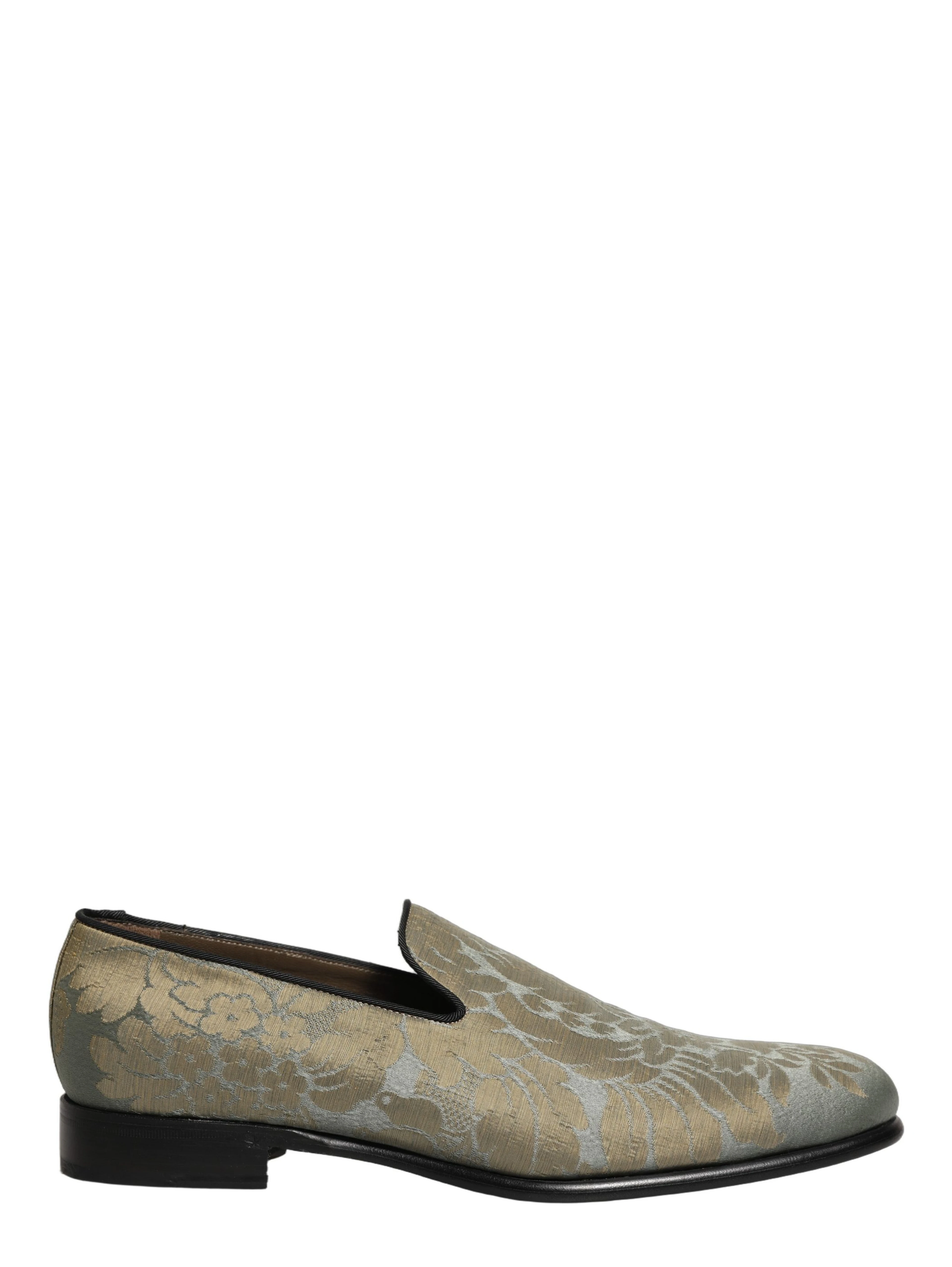 Gold Floral Jacquard Slip On Loafers Shoes