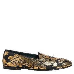 Black Gold Floral Jacquard Dress Loafers Shoes