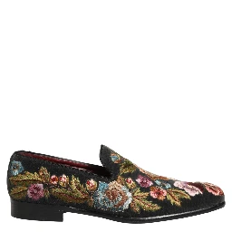 Black Velvet Floral Embroidery Loafers Shoes