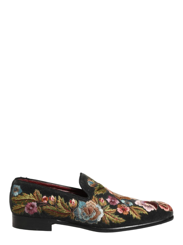 Black Velvet Floral Embroidery Loafers Shoes