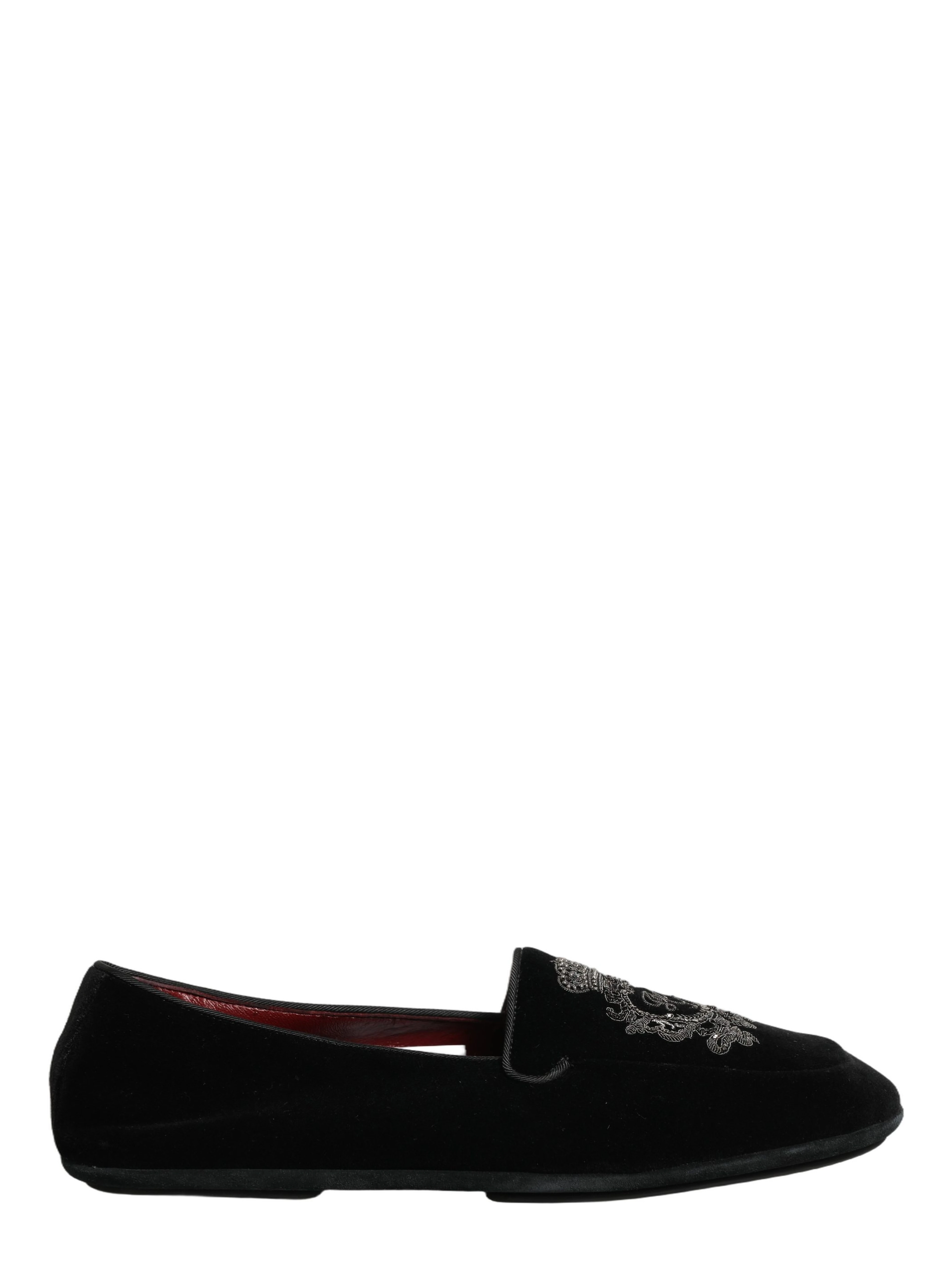 Black Velvet Crown Embroidery Loafers Shoes