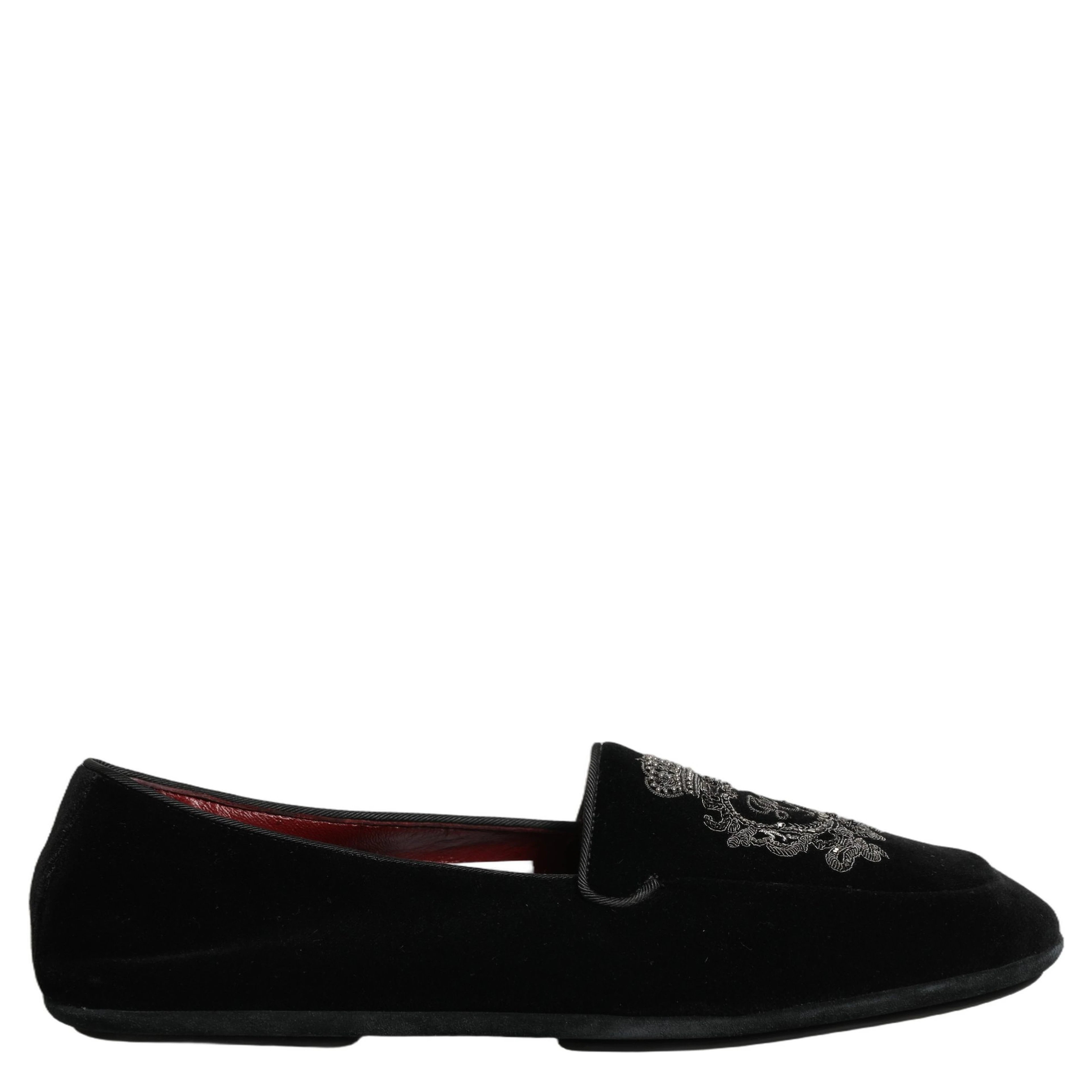 Black Velvet Crown Embroidery Loafers Shoes