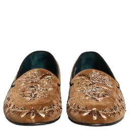 Brown Velvet Floral Embroidery Loafers Shoes