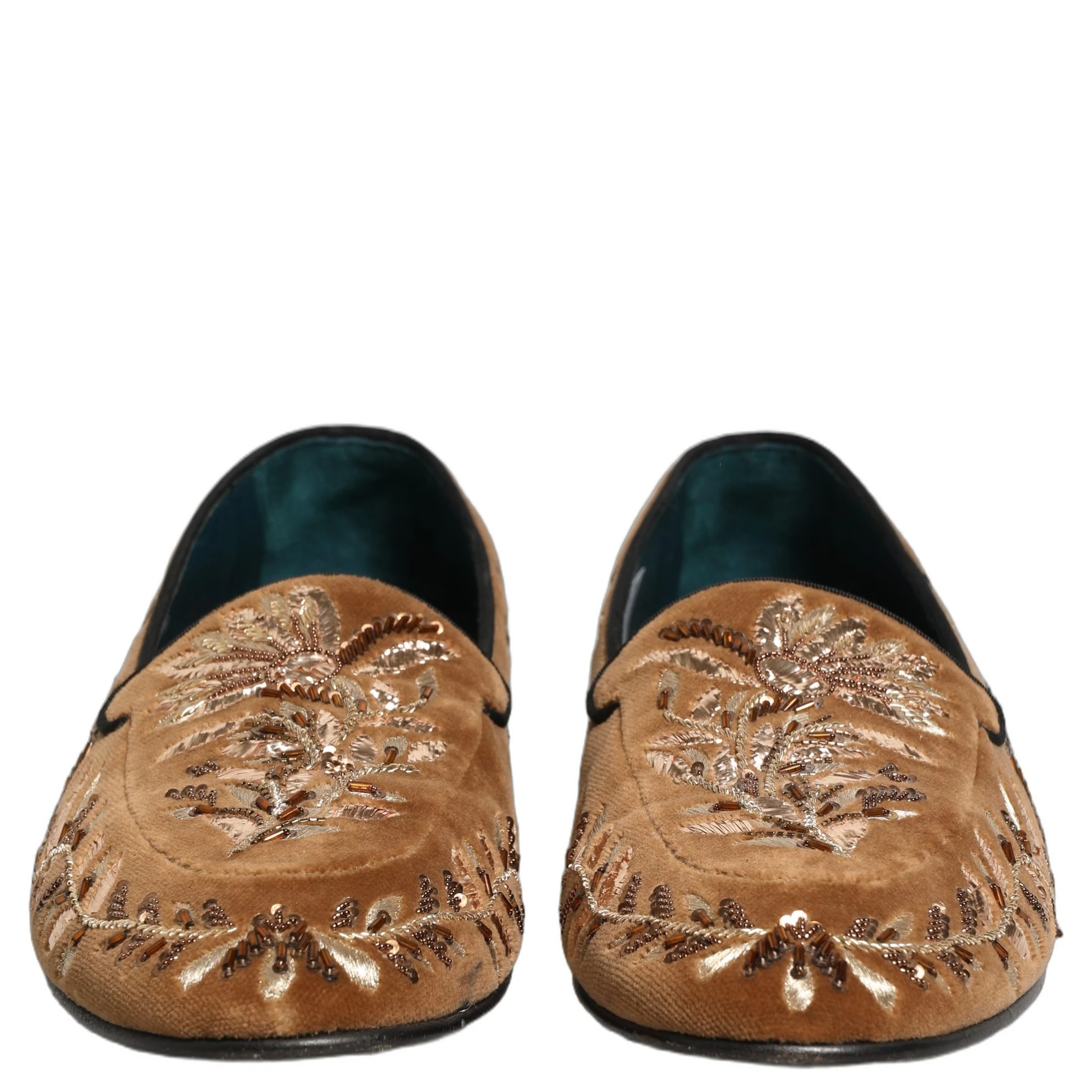 Brown Velvet Floral Embroidery Loafers Shoes