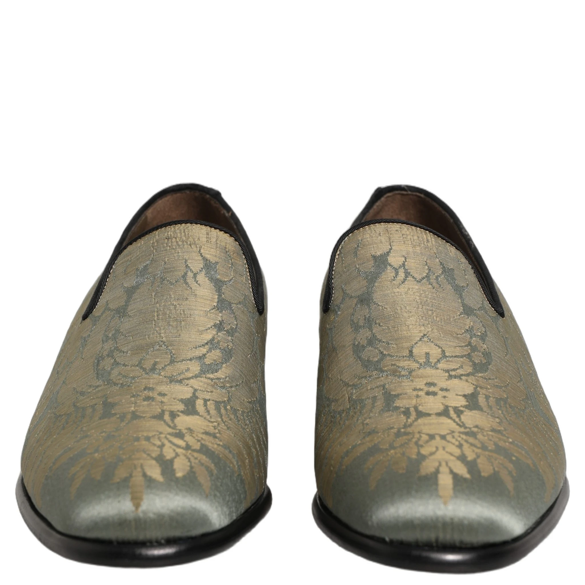 Gold Floral Jacquard Slip On Loafers Shoes