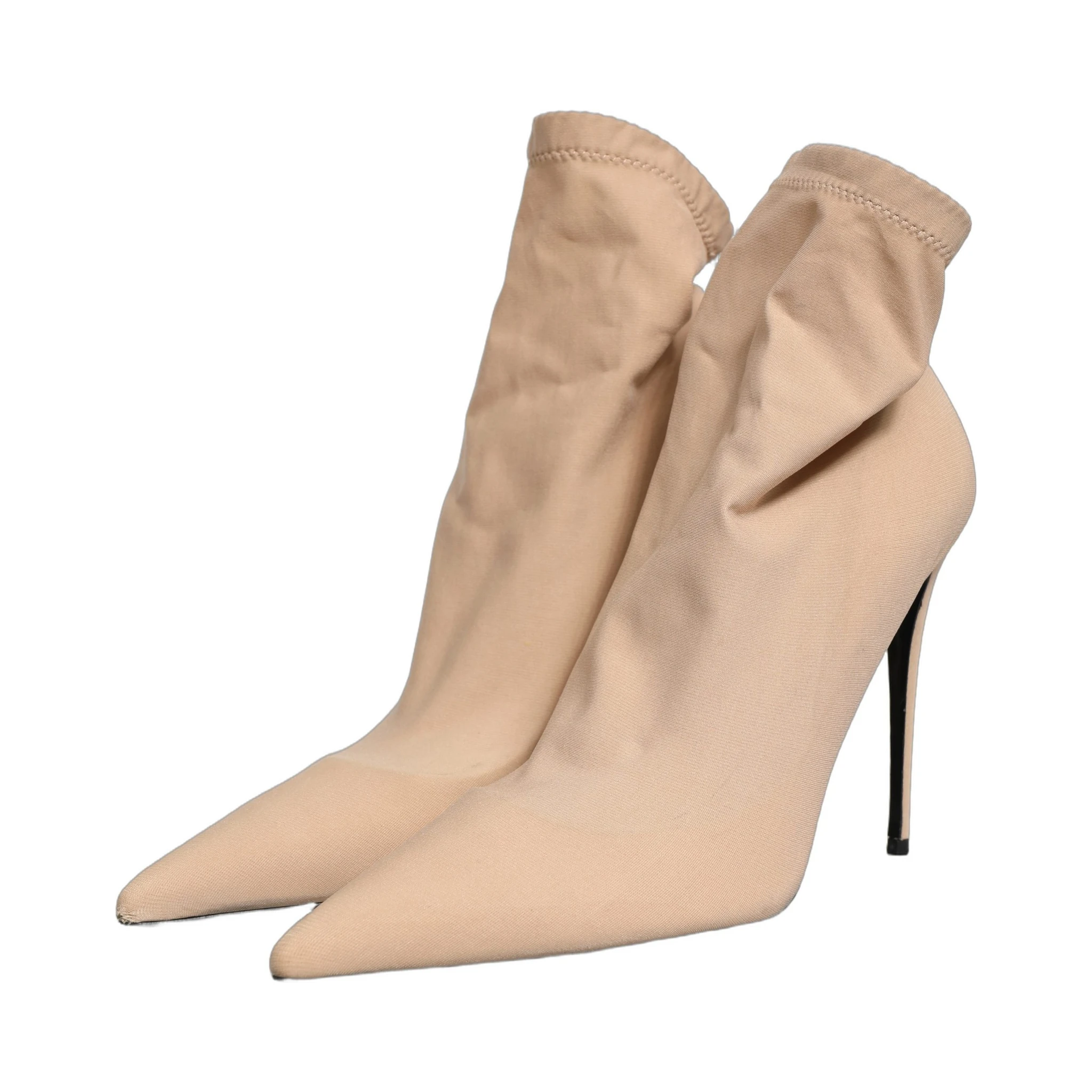 Beige Stretch Socks Heels Ankle Boots Shoes