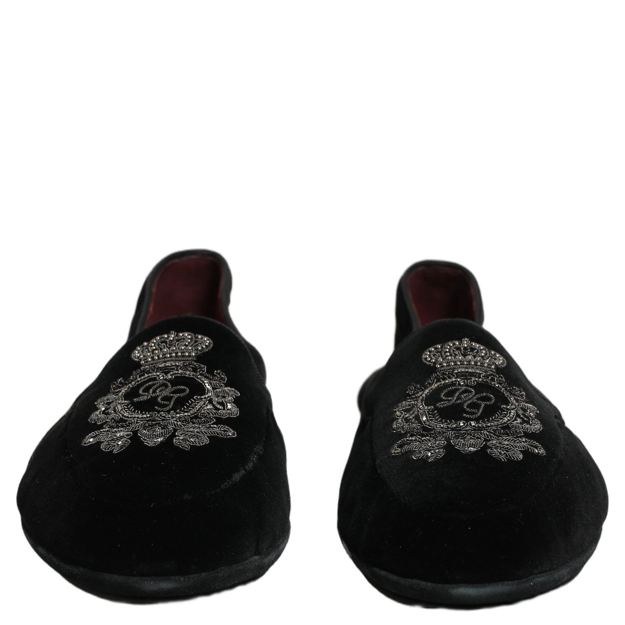 Black Velvet Crown Embroidery Loafers Shoes