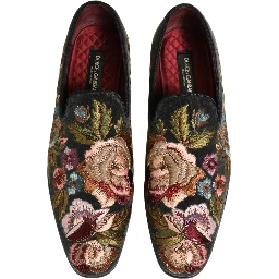 Black Velvet Floral Embroidery Loafers Shoes