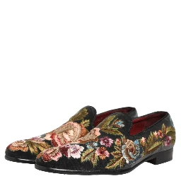 Black Velvet Floral Embroidery Loafers Shoes