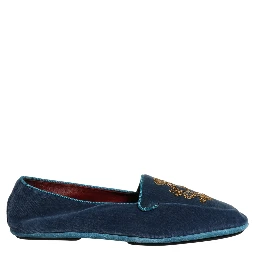 Blue Velvet Crown Embroidery Loafers Shoes