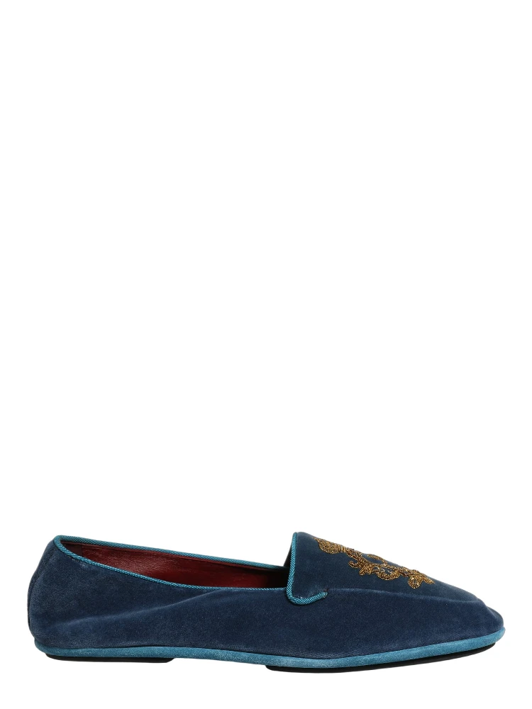 Blue Velvet Crown Embroidery Loafers Shoes