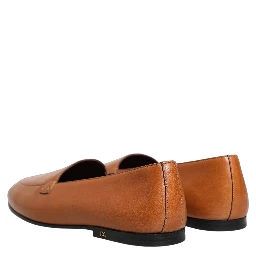 Brown Leather Logo Slip On Men Loafers Shoes