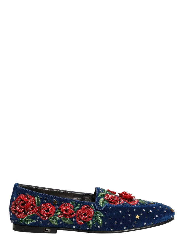 Blue Velvet Floral Slip On Dress Loafers Shoes