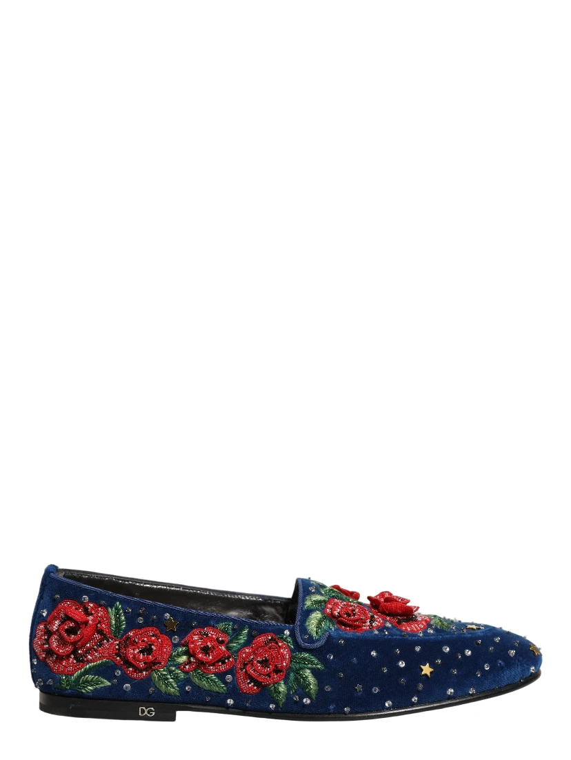 Blue Velvet Floral Slip On Dress Loafers Shoes