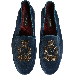 Blue Velvet Crown Embroidery Loafers Shoes