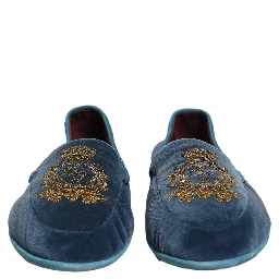 Blue Velvet Crown Embroidery Loafers Shoes