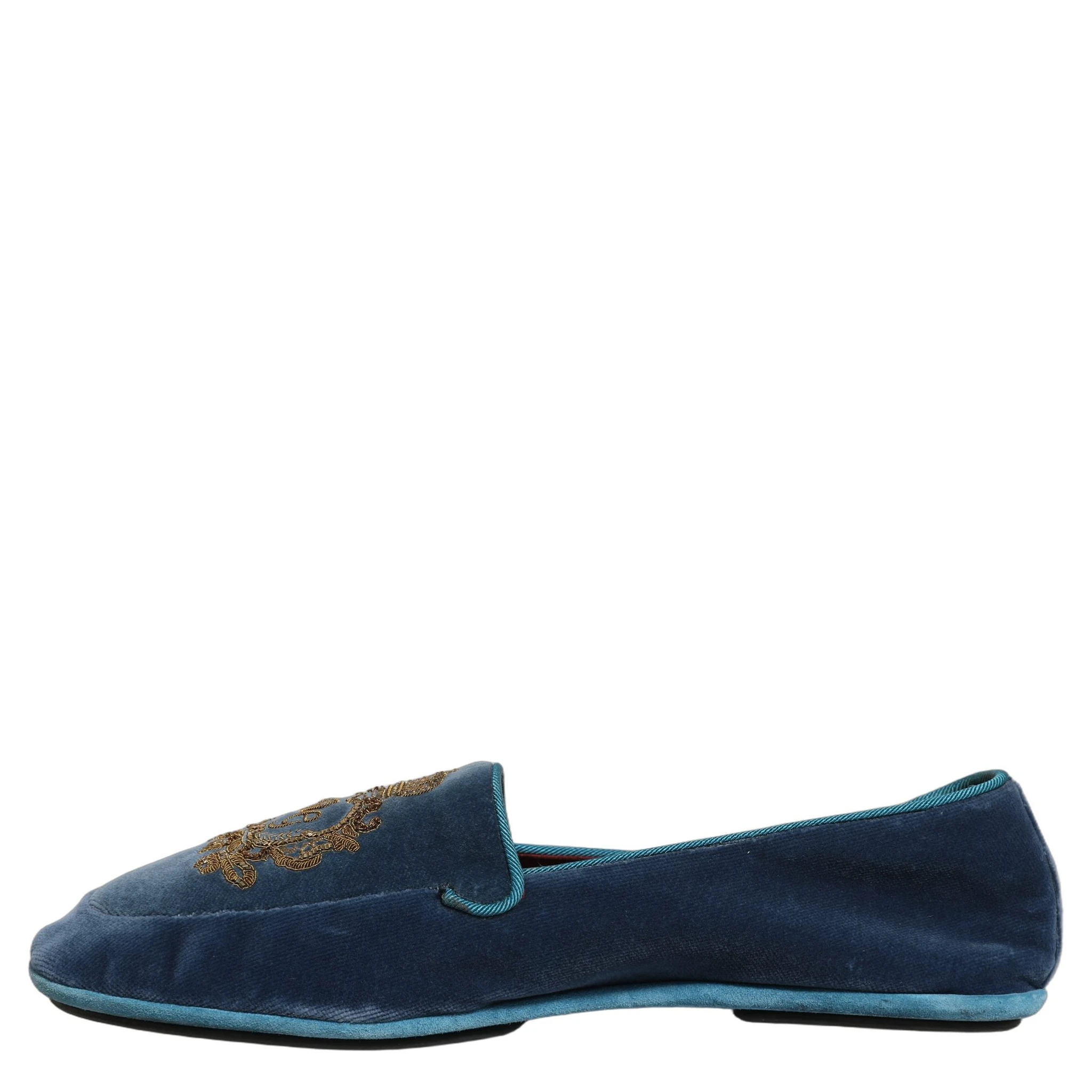 Blue Velvet Crown Embroidery Loafers Shoes