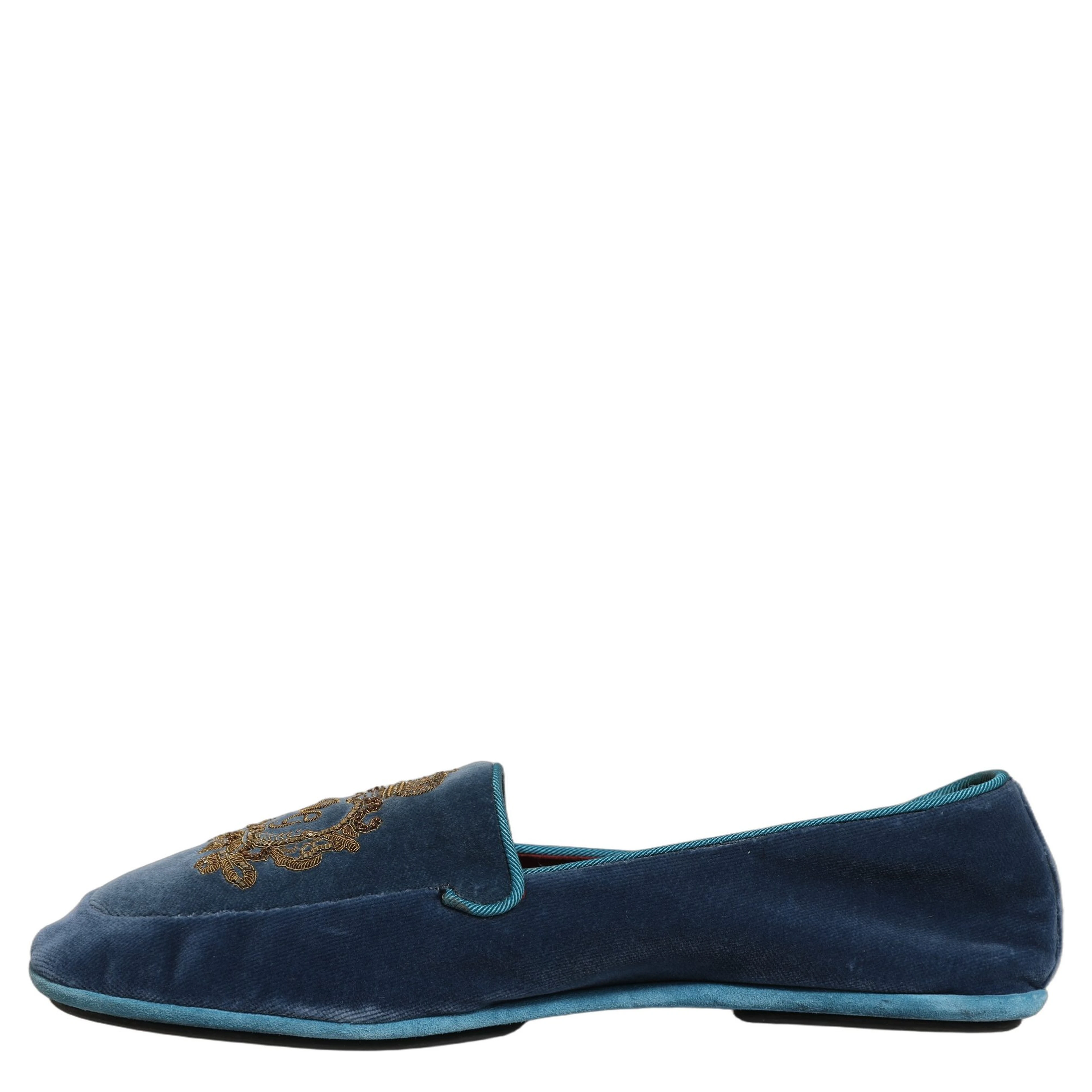 Blue Velvet Crown Embroidery Loafers Shoes