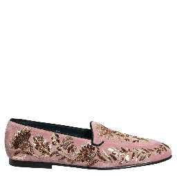 Pink Velvet Floral Embroidery Loafers Shoes