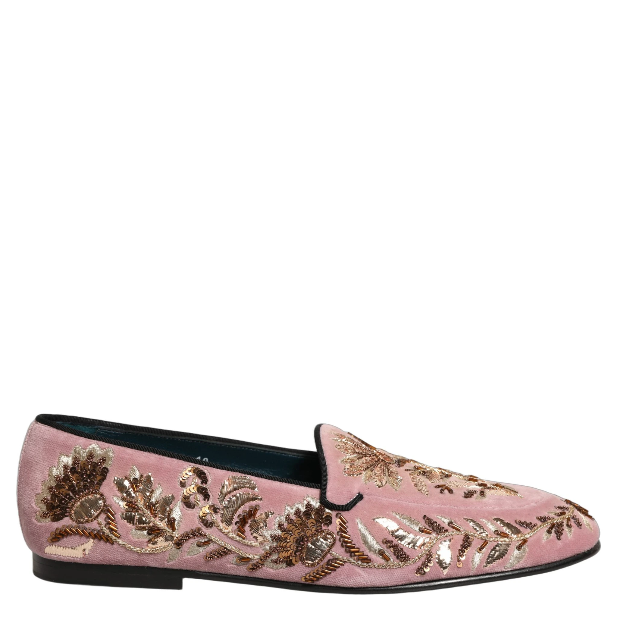 Pink Velvet Floral Embroidery Loafers Shoes