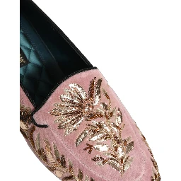 Pink Velvet Floral Embroidery Loafers Shoes