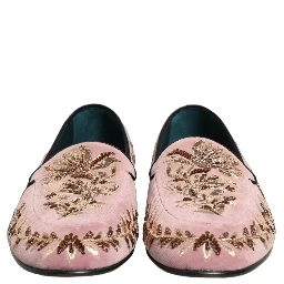 Pink Velvet Floral Embroidery Loafers Shoes