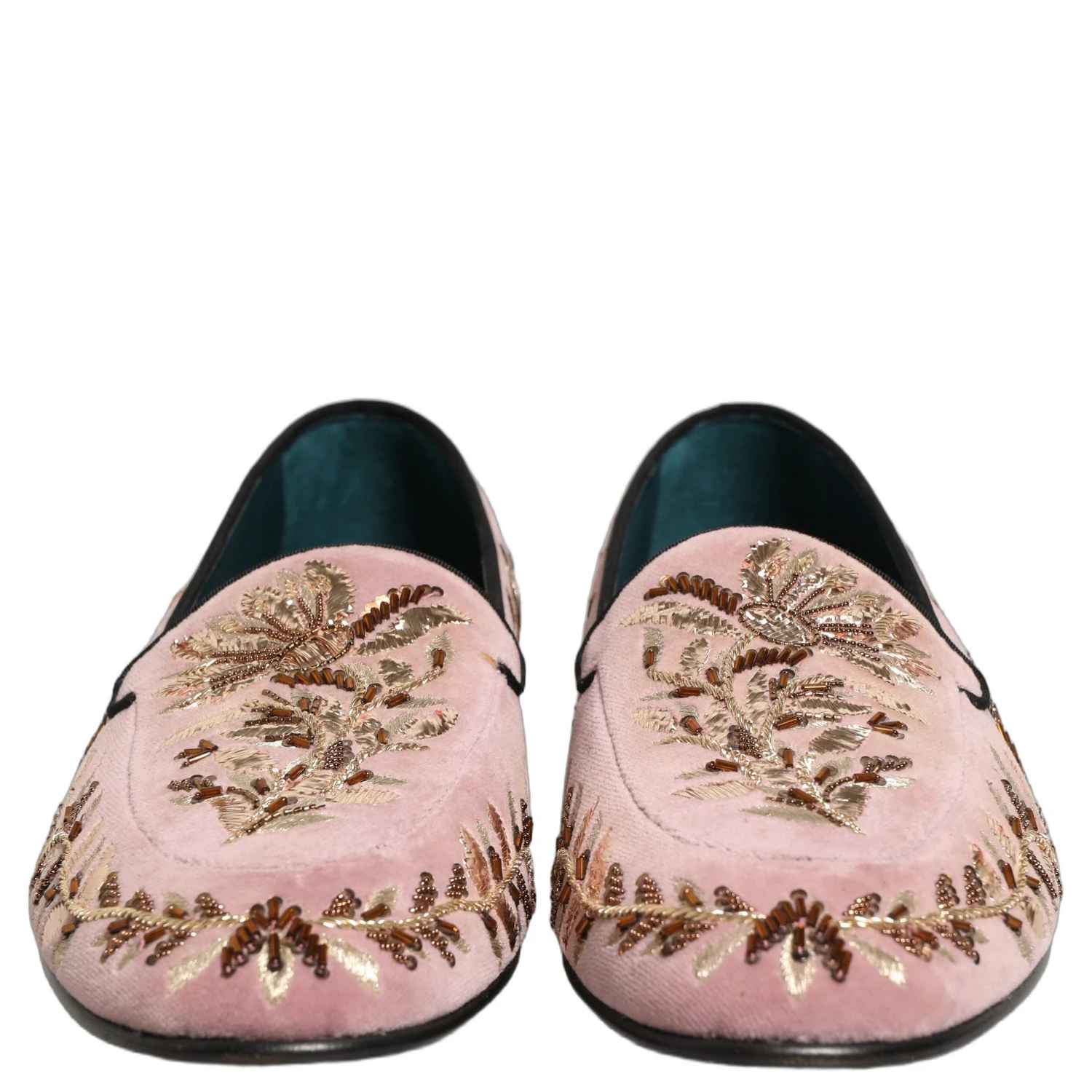 Pink Velvet Floral Embroidery Loafers Shoes