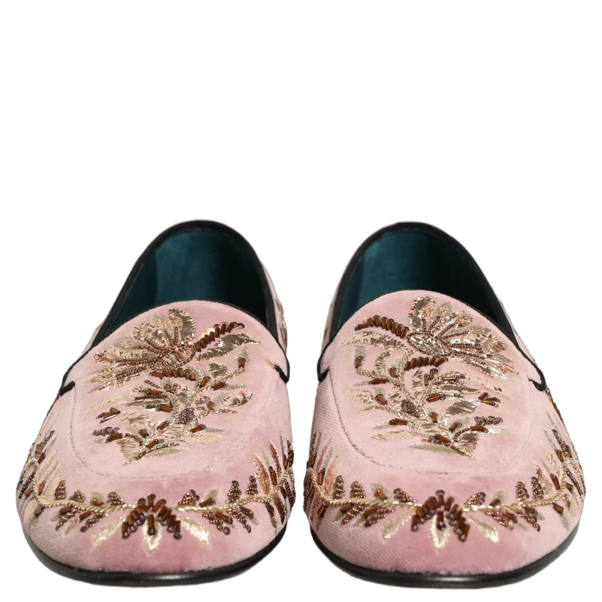 Pink Velvet Floral Embroidery Loafers Shoes