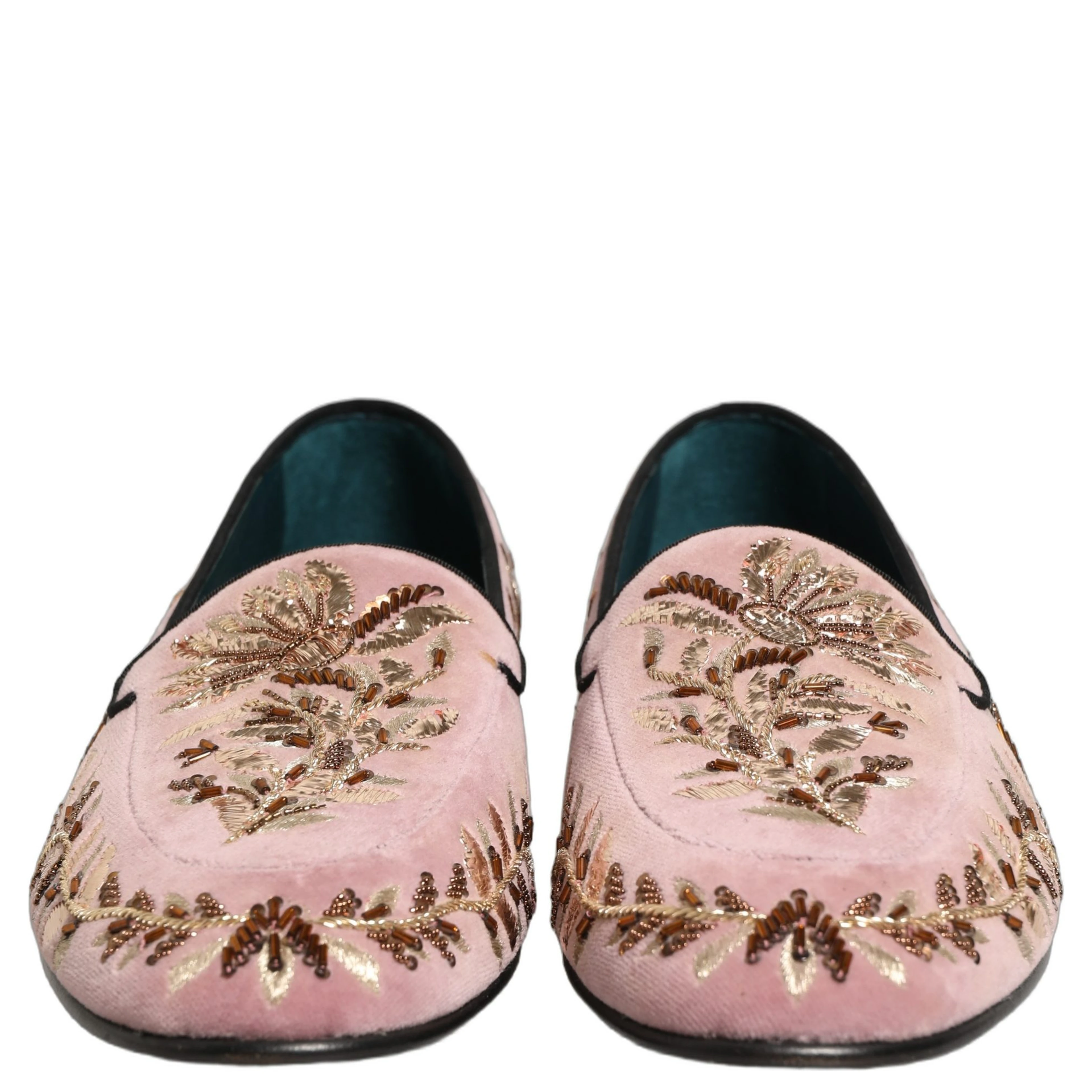 Pink Velvet Floral Embroidery Loafers Shoes