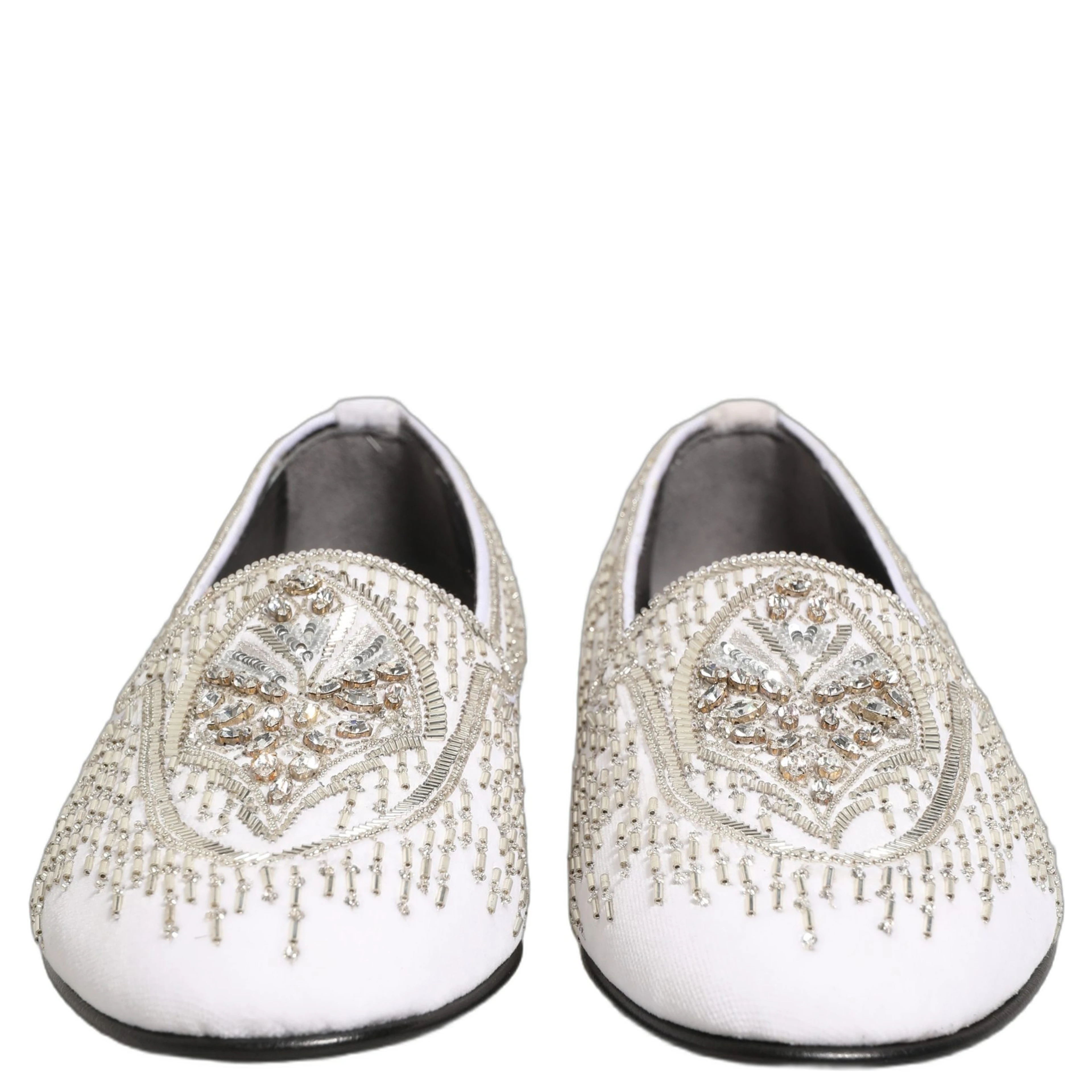 White Satin Embellished Dress Loafers Shoes