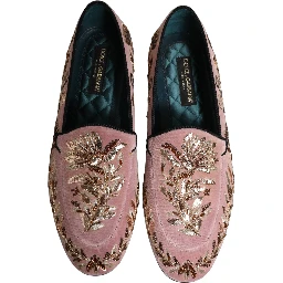 Pink Velvet Floral Embroidery Loafers Shoes