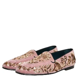 Pink Velvet Floral Embroidery Loafers Shoes