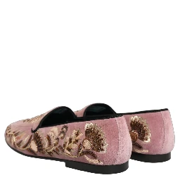 Pink Velvet Floral Embroidery Loafers Shoes