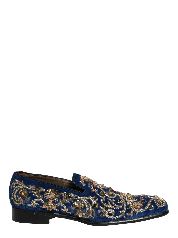 Blue Velvet Embellished Dress Loafers Shoes