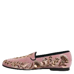 Pink Velvet Floral Embroidery Loafers Shoes