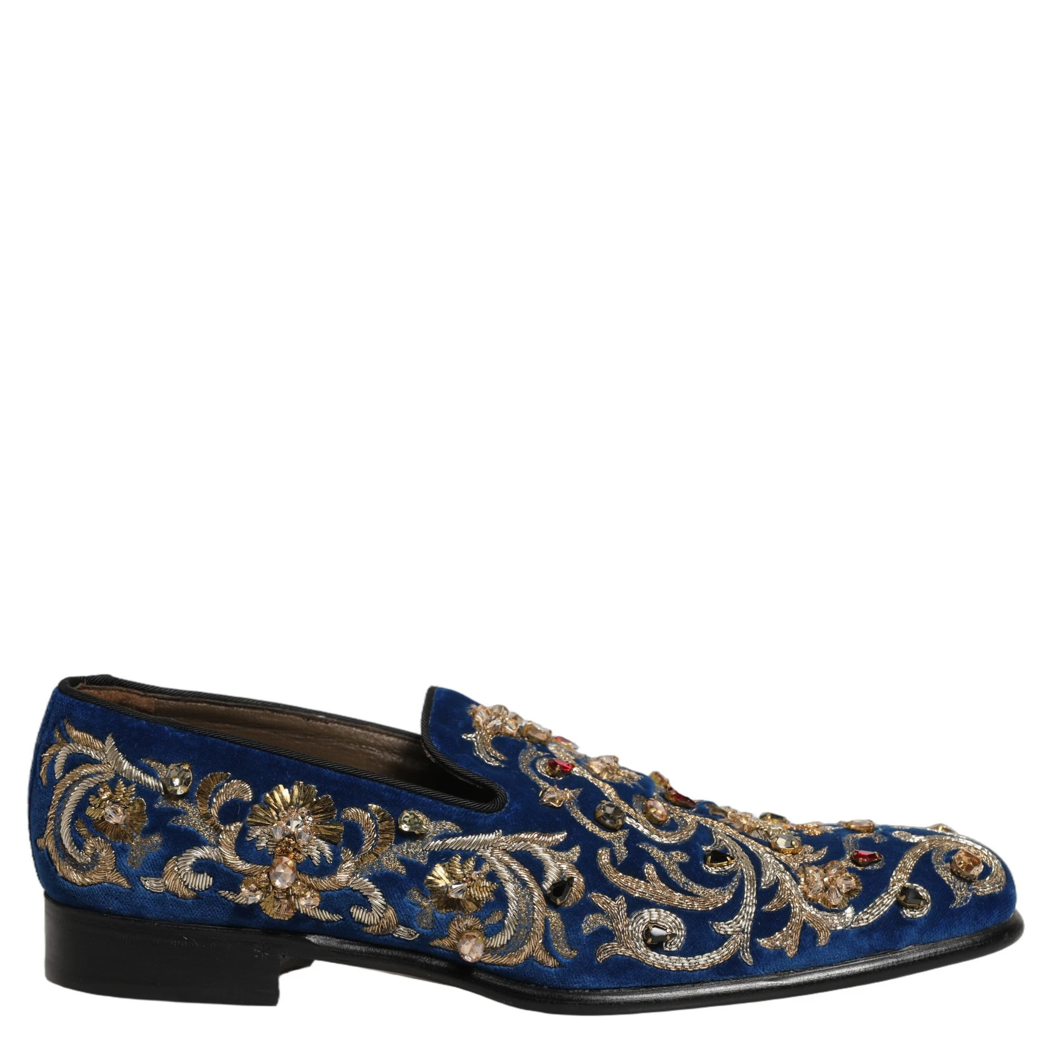 Blue Velvet Embellished Dress Loafers Shoes