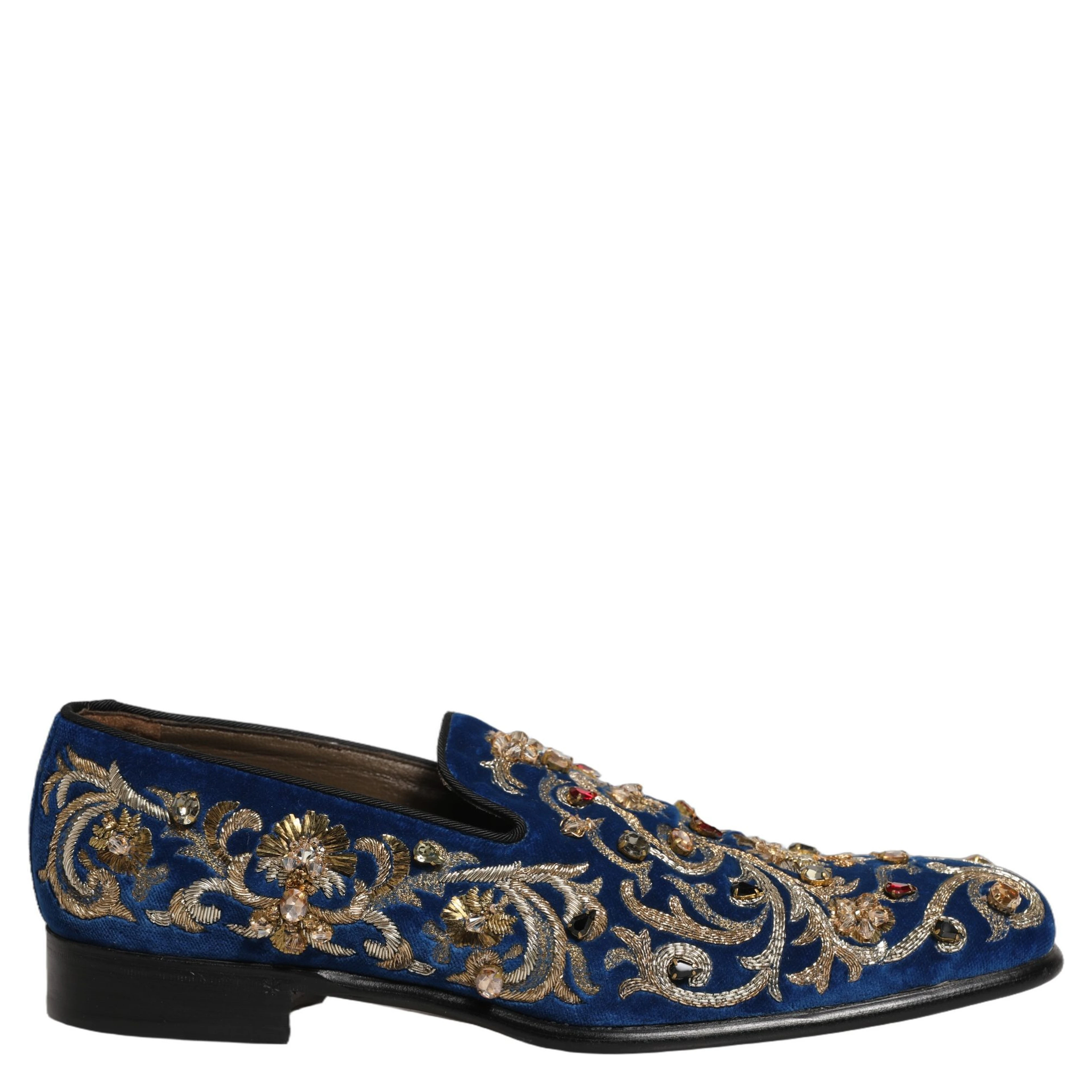 Blue Velvet Embellished Dress Loafers Shoes