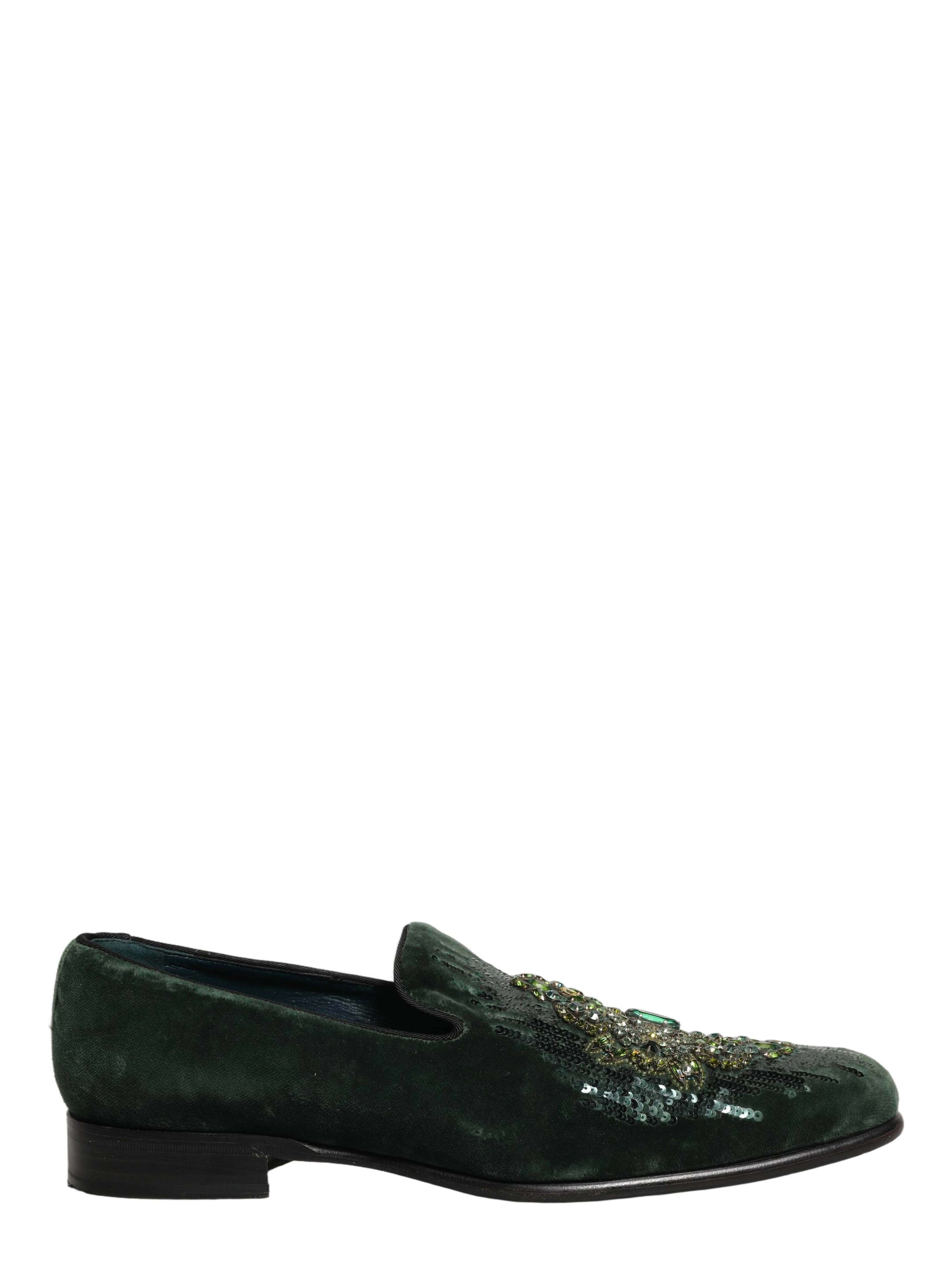 Green Velvet Embellished Dress Loafers Shoes