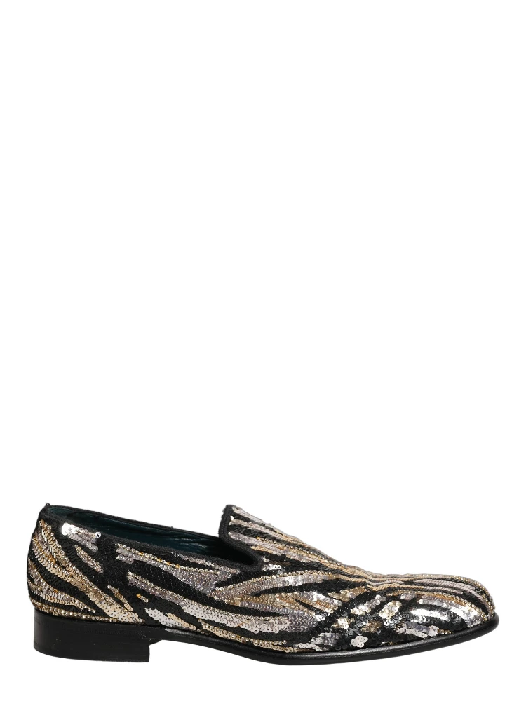Gold Striped Sequin Embellished Loafer Shoes